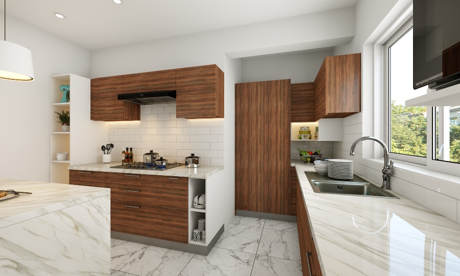 Modern kitchen interior features open wall units for displaying indoor plants and quick access to everyday essentials