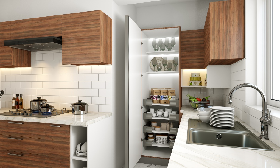Modern kitchen tall unit comes with internal shelving to securely store your expensive crockery