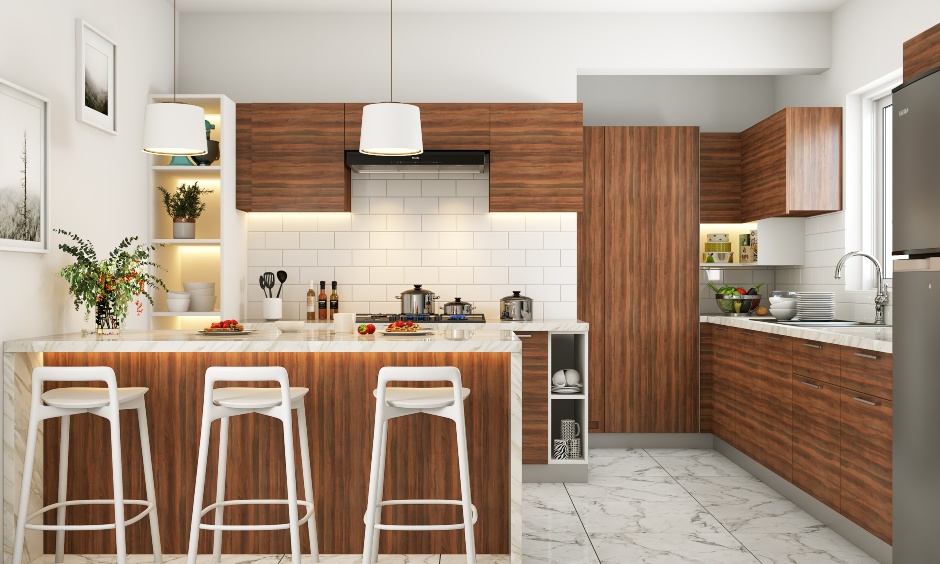 Modern kitchen in wood finish laminates with breakfast counter