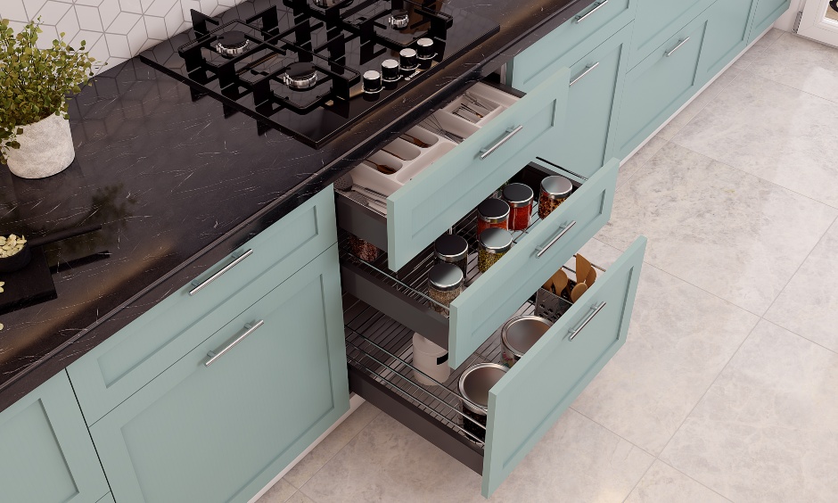 Dual colour parallel kitchen with multiple drawers housed with utensils