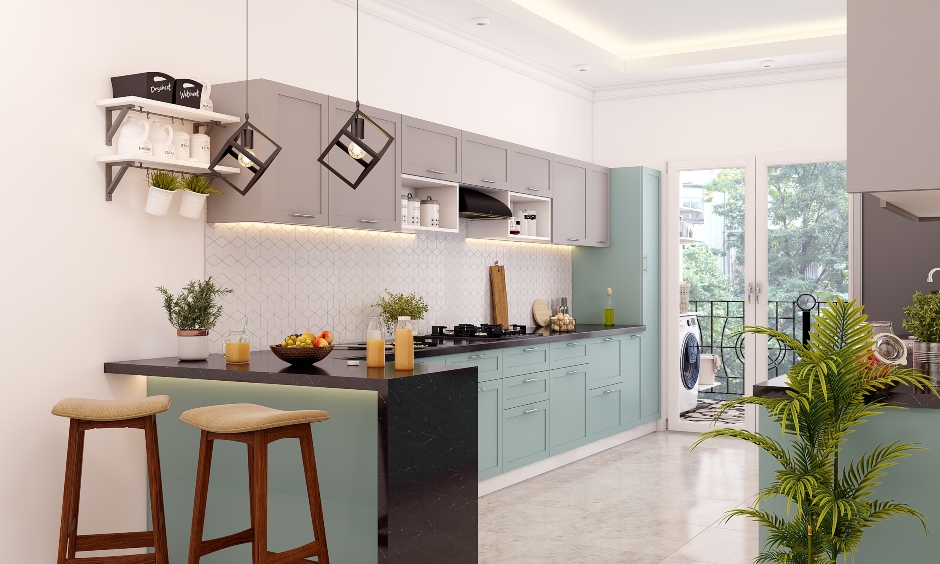 Parallel kitchen design in duco finish with breakfast counter and two tall chairs