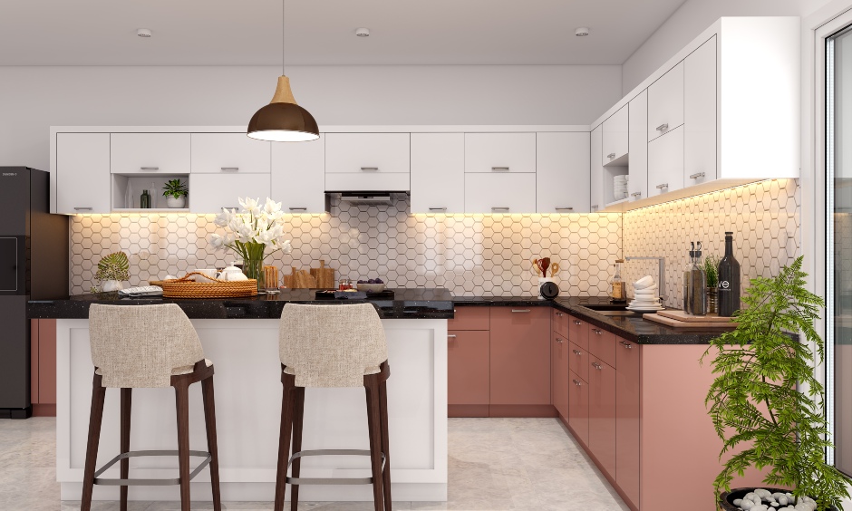 Kitchen island counter design with two tall chairs