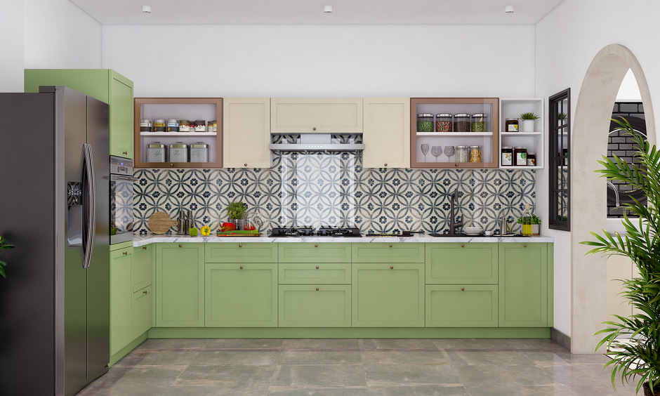 green colour modular kitchen with refrigerator