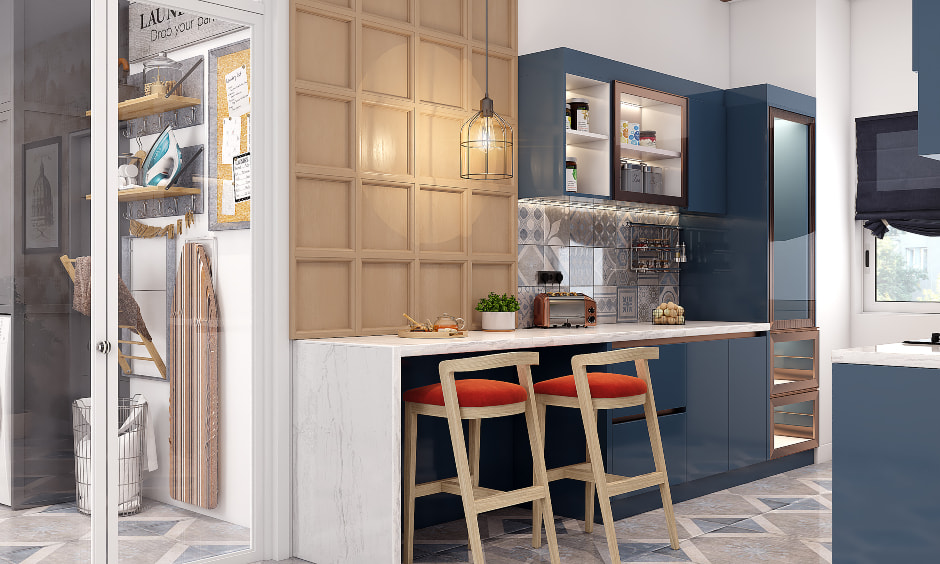 Parallel kitchen design features a breakfast counter for two