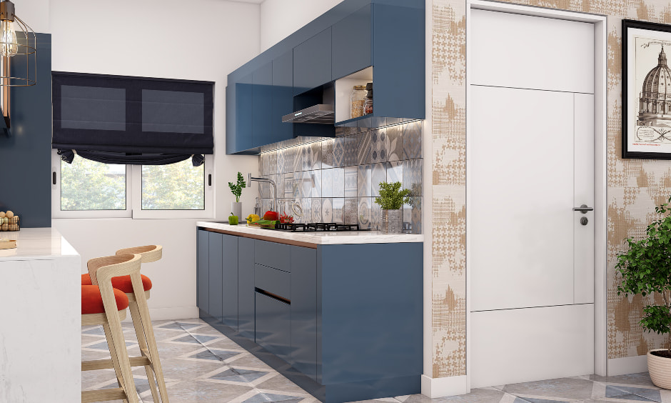 A small parallel kitchen with a Moroccan tiled backsplash adding interest to the space