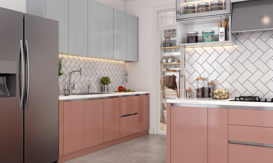 A dual tone modern kitchen features handless cabinets and cabinet with glass door