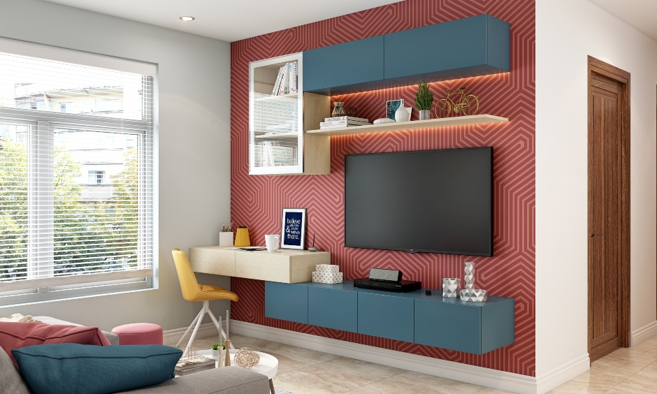 A vibrant living room interior with a wall-mounted tv unit and floating cabinets for extra storage