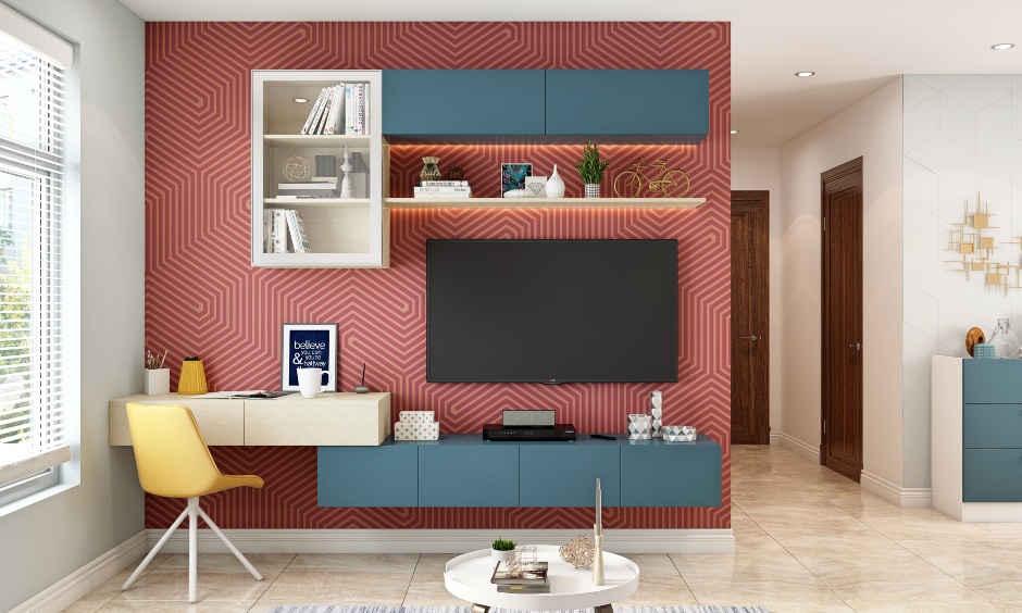 A vibrant living room where study table integrated into wall-mounted tv unit