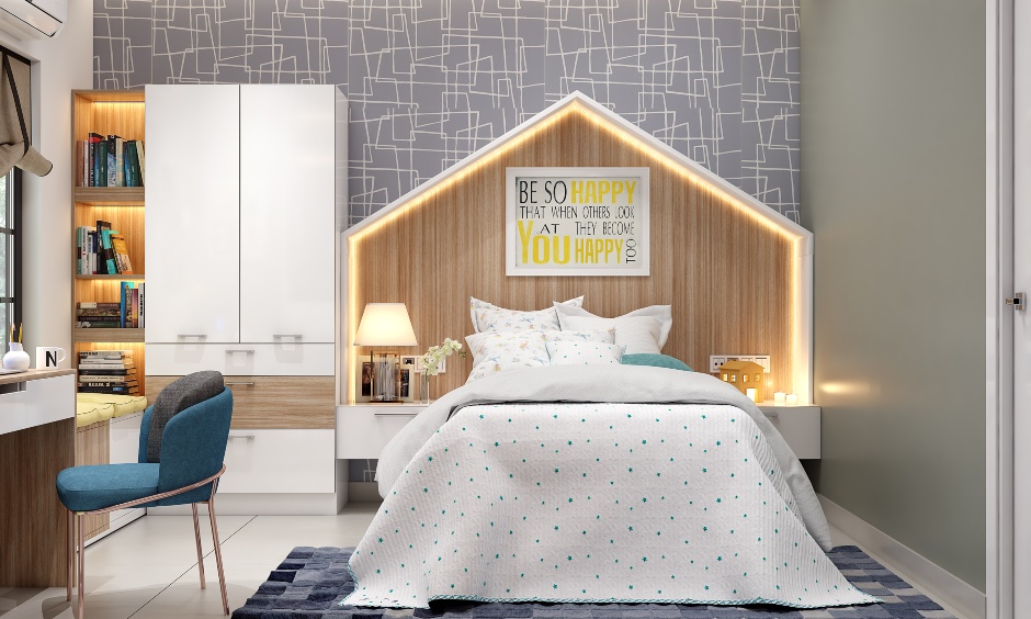 Kids bedroom design in light wood, white laminates and grey colour scheme