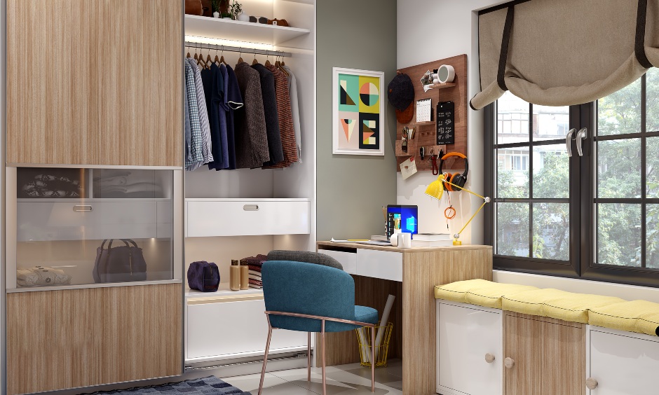 Sliding kids bedroom wardrobe with translucent glass and white laminate finish