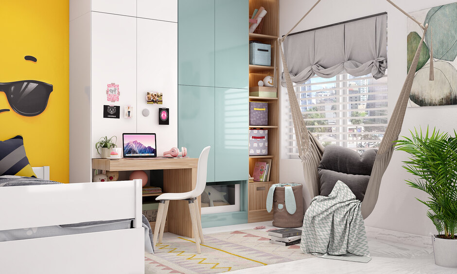 Modern kids bedroom with storage wardrobe next to bed
