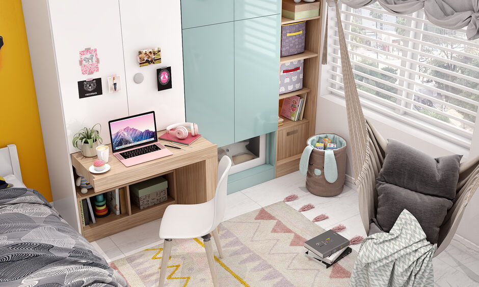Quirky kids room wardrobe with a pullout study desk.