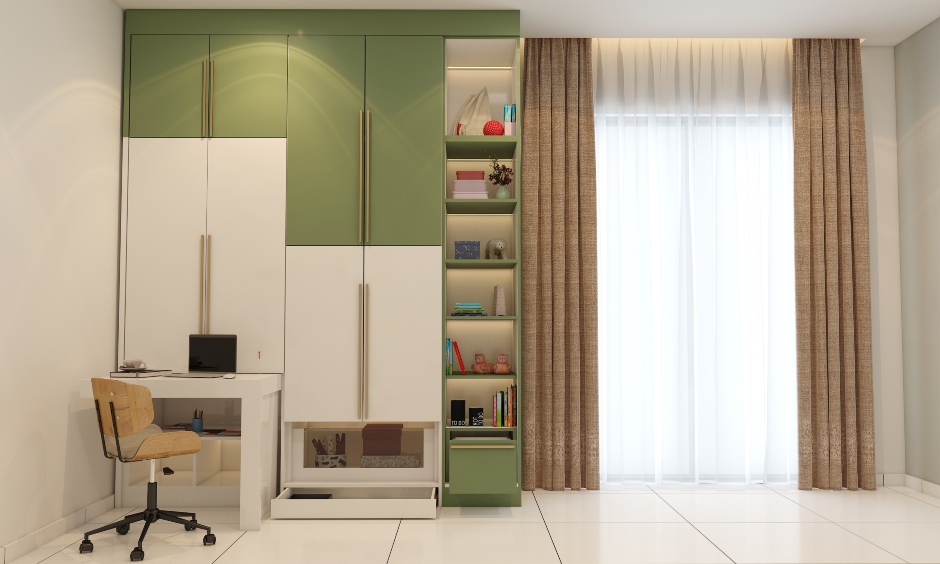 Space-saving animal-themed kids' bedroom wardrobe with hidden pull-out study unit and skirting drawer