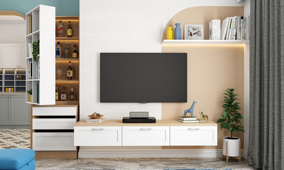 Sleek modern living room featuring tv unit and hidden wine cabinet