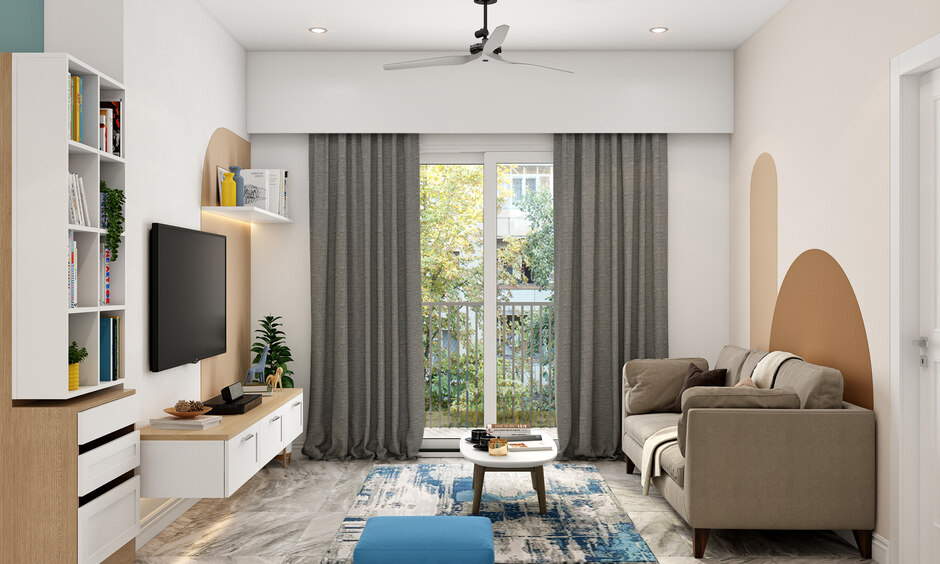 Modern living room tv unit with sofa and bookshelf