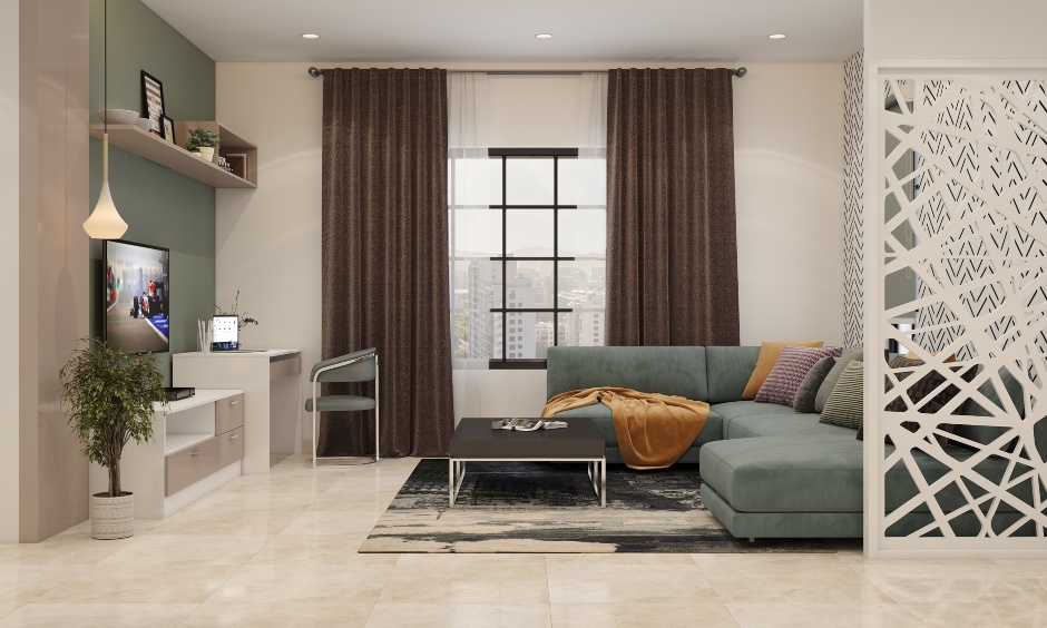 Modular tv unit and grey sofa in open-concept living room