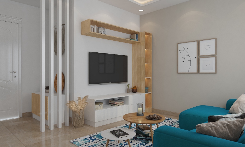 Minimalist living room with a modular tv unit features open box shelves and convenient drawers