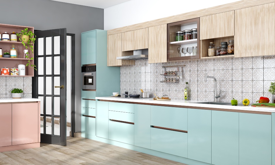 Overhead handleless kitchen cabinets with open shelves and a glass door cabinet