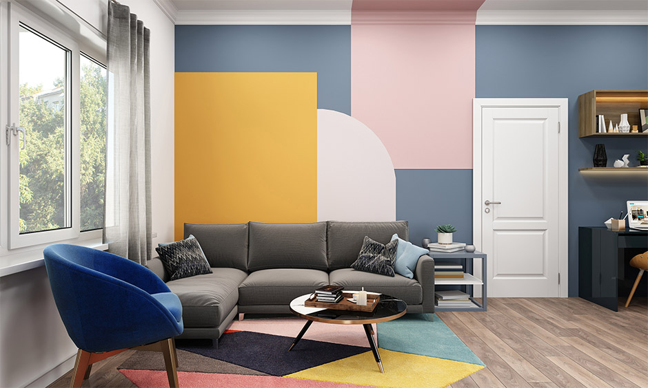 Geometric grey and blue living room which infuses positivity
