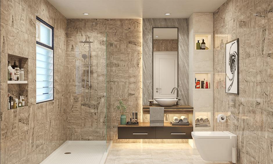 Luxury bathroom cabinet designs in beige colour which looks stylish