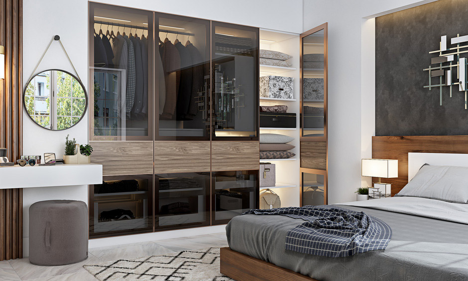 Modern mirrored wardrobe door with cabinet lighting for a luxurious touch