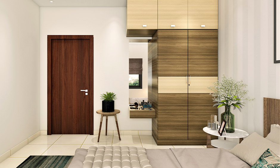 Compact two-door cupboard with side dressing mirror for small bedrooms