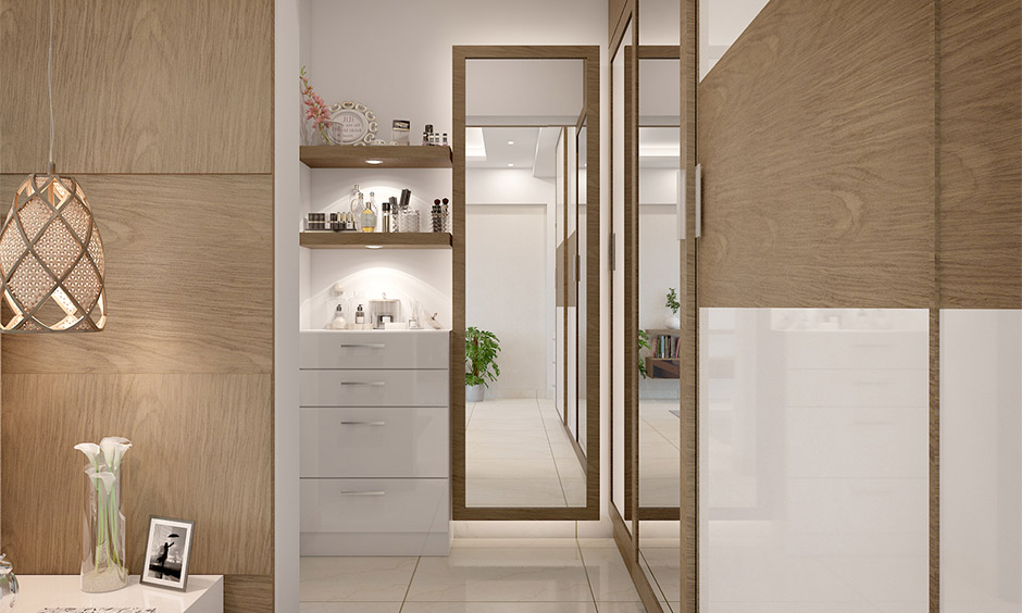 Full-length mirrored wardrobe door with side dressing table unit