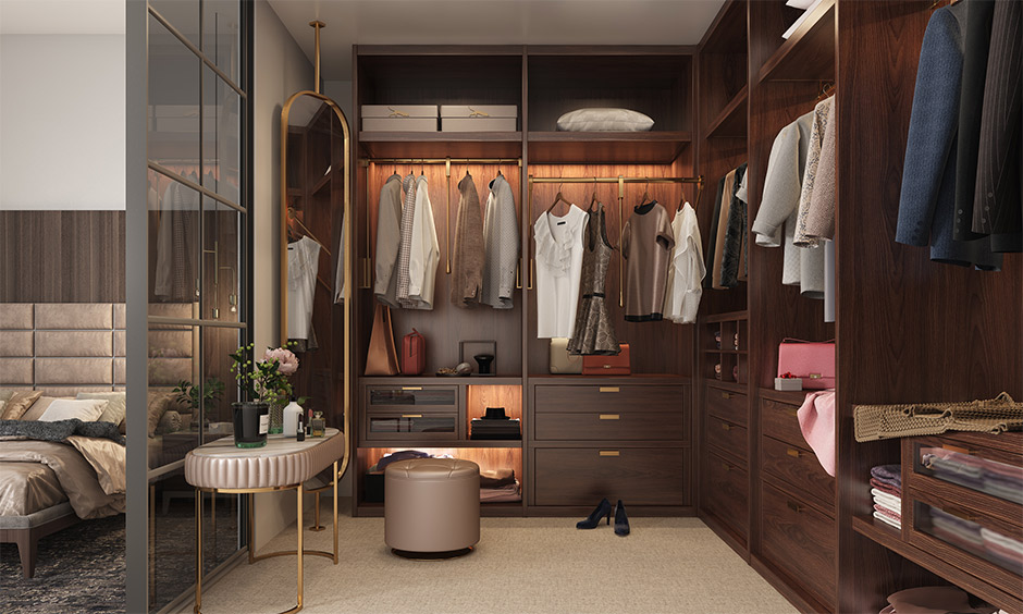 Walk-in wardrobe with spacious storage and separate dressing table setup