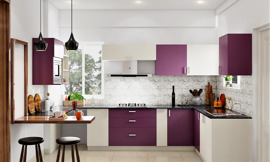Grape and white kitchen colour combination with bold cabinets for a creative cooking space.