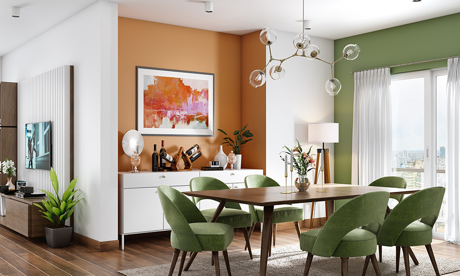 Dining room with brown, green, and white colour combination for nature-inspired look
