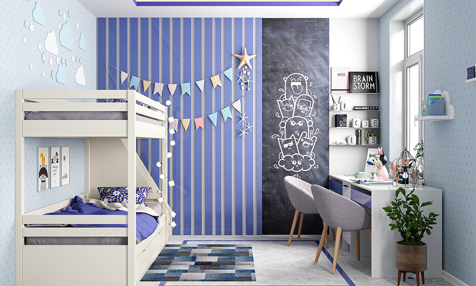 Nautical-themed study room with blue and white colour combination for enhancing focus and calmness