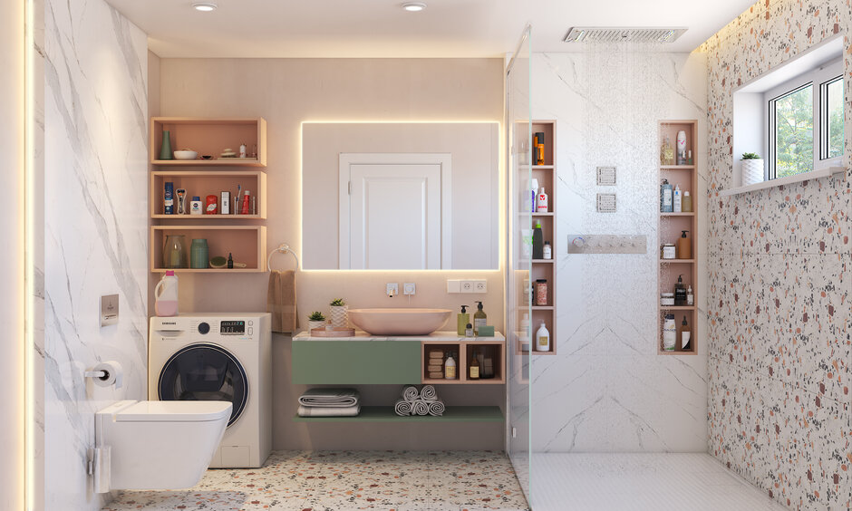 Minimalistic bathroom interior featuring mirror backlighting, wall-mounted shelves, and marble mosaic tiles.