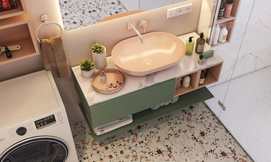 Pastel bathroom interior design with floating vanity, bowl sink, and marble countertop.
