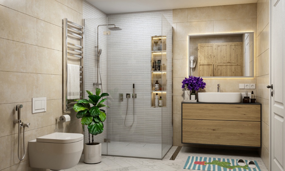 Modern bathroom featuring glass partition shower, floating vanity, and anti-slip tiles.