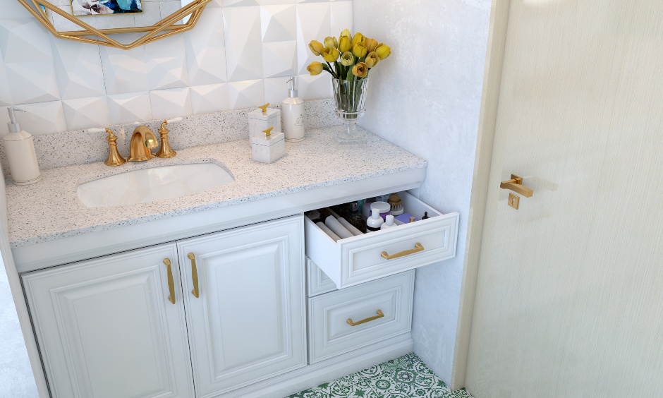 White and emerald green bathroom design with etro vanity cabinet, white granite, and golden fixtures.