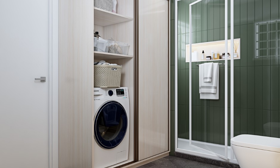 Greyish green small bathroom designs featuring space for washing machine and tall unit for toiletries.