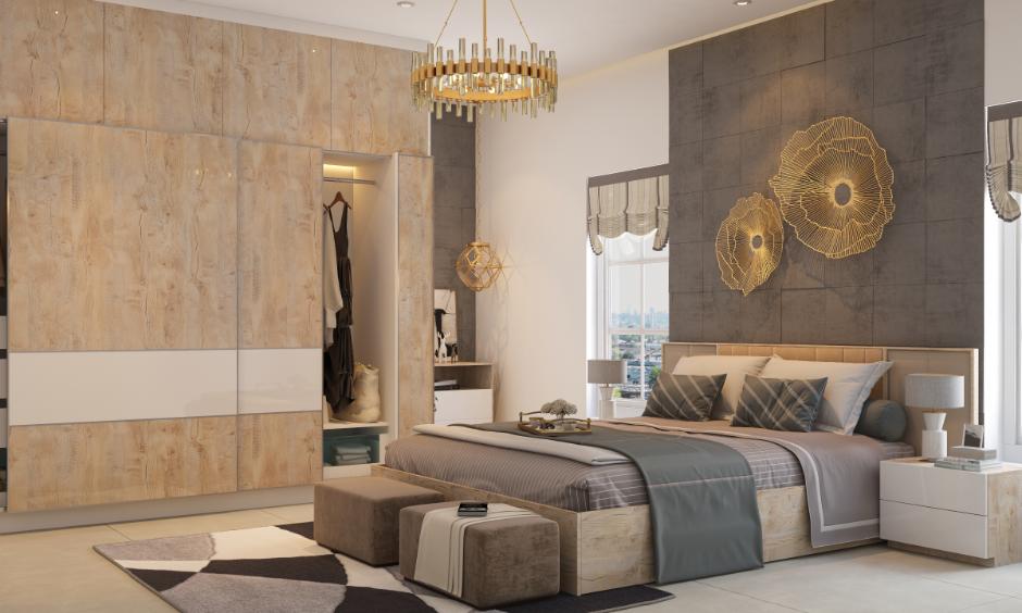 Bedroom interior design  featuring  textured walls and gold accents and its cost