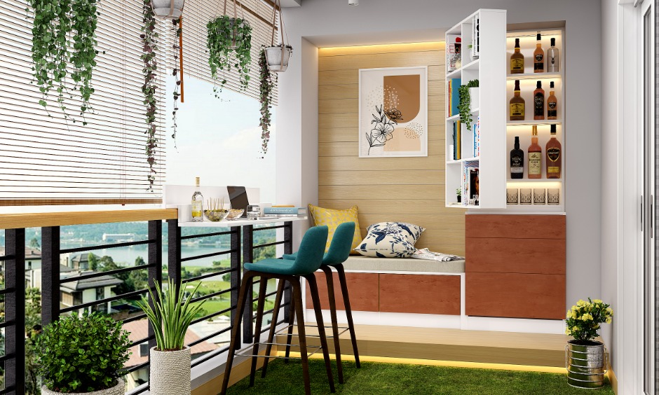 Smart balcony design ideas with bar counter, bench seating and storage for a compact, functional outdoor space