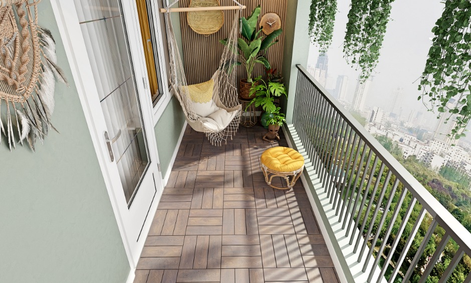 Balcony floor tiles with wood finish, hanging chair and plants creating a cosy modern balcony design