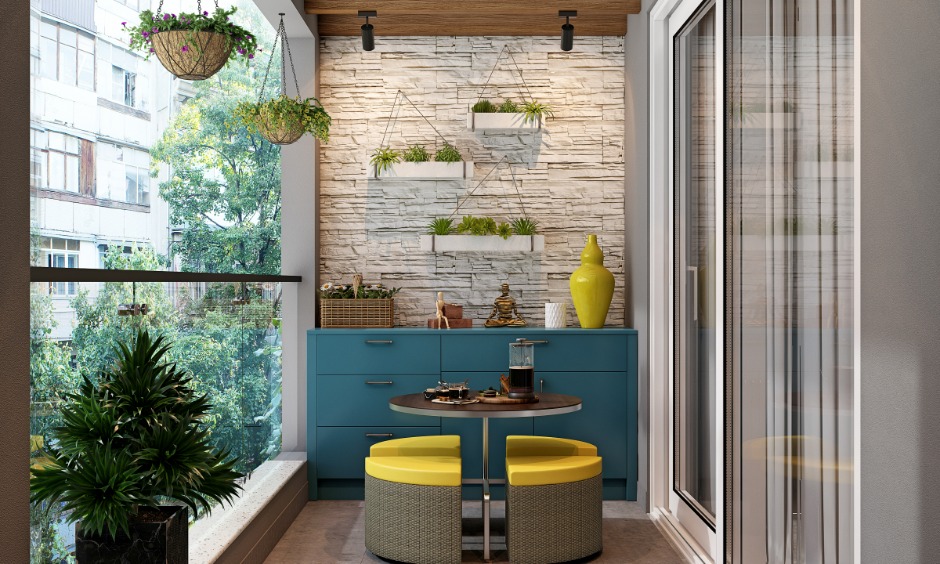 Modern balcony design with weather resistant cabinet and stools for durable outdoor seating