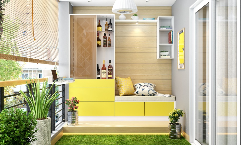 Balcony design with smart storage cabinet and open shelves for a space saving outdoor setup