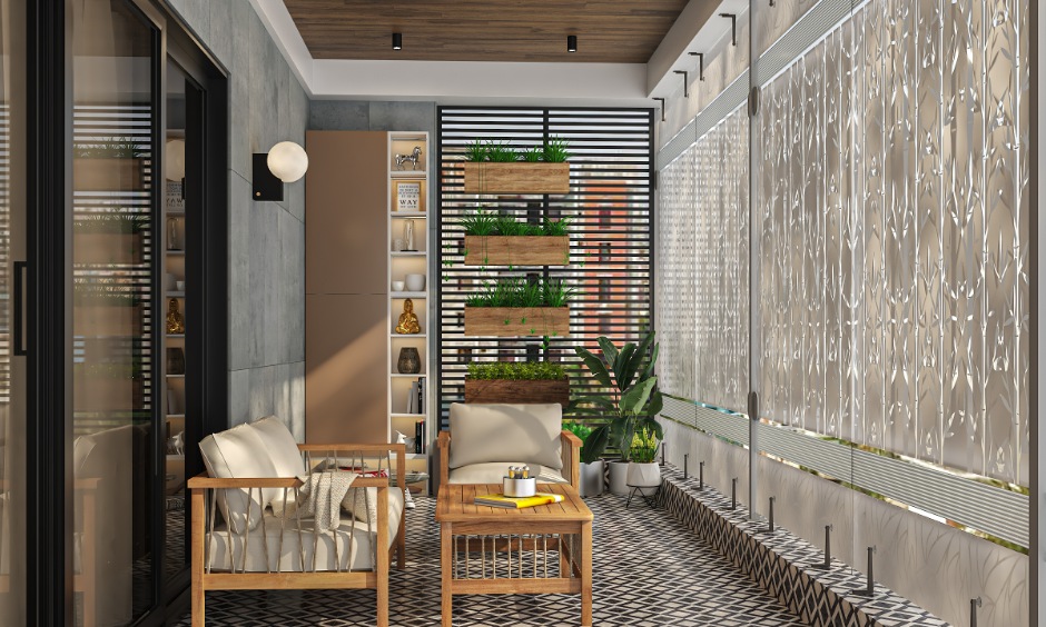 Balcony grill design with wooden seating and vertical greenery adding privacy to a modern balcony space