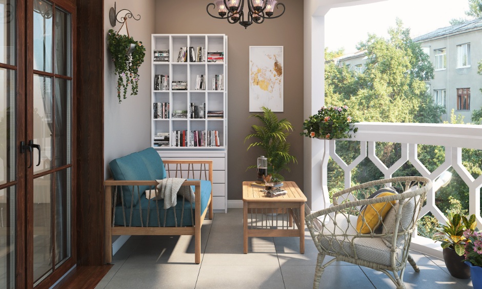 House balcony design with bookshelf and seating showing a balanced layout with clear walking space