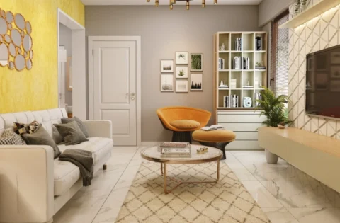 A contemporary living room combines warm tones, curved furniture, wood and layered lighting.