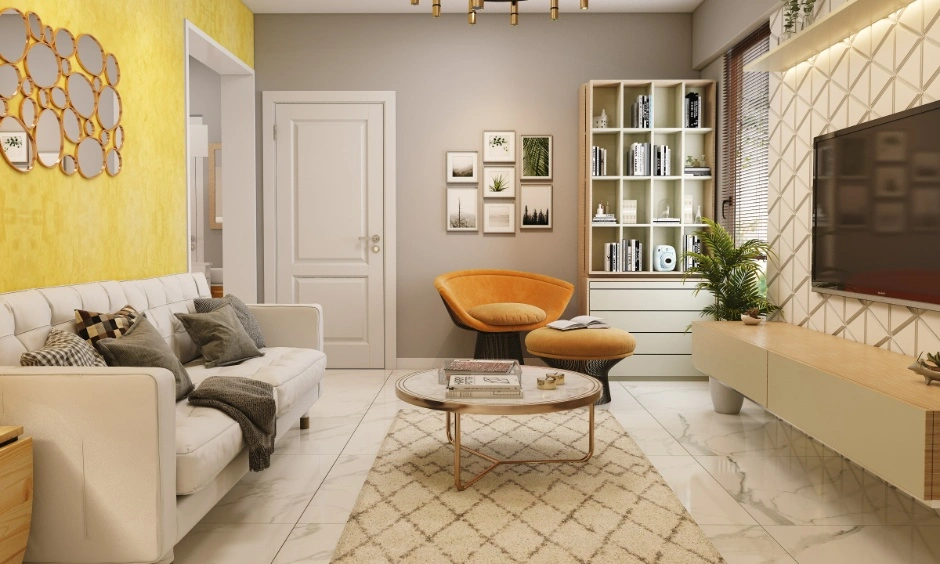 A contemporary living room combines warm tones, curved furniture, wood and layered lighting.