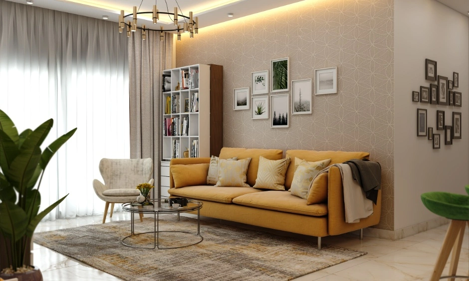A warm-toned living room combines textured surfaces, curved seating and soft furnishings for a layered look 