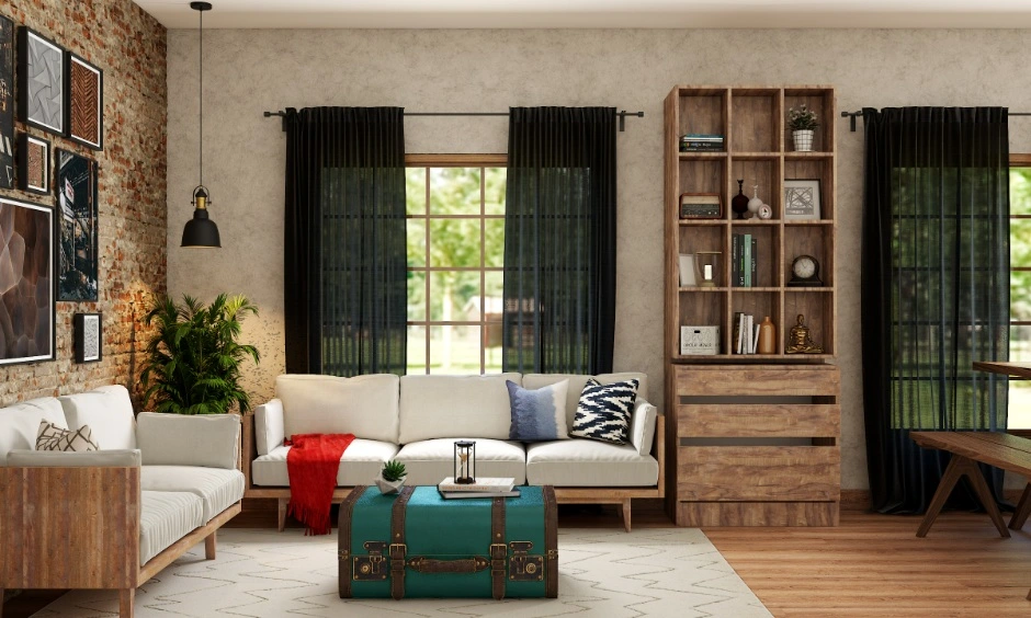 Exposed brick, timber furniture and textured finishes give this living room a rustic character. 