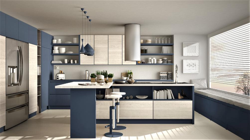 Modular kitchen with crockery cabinet in island and open shelves for smart, modern storage