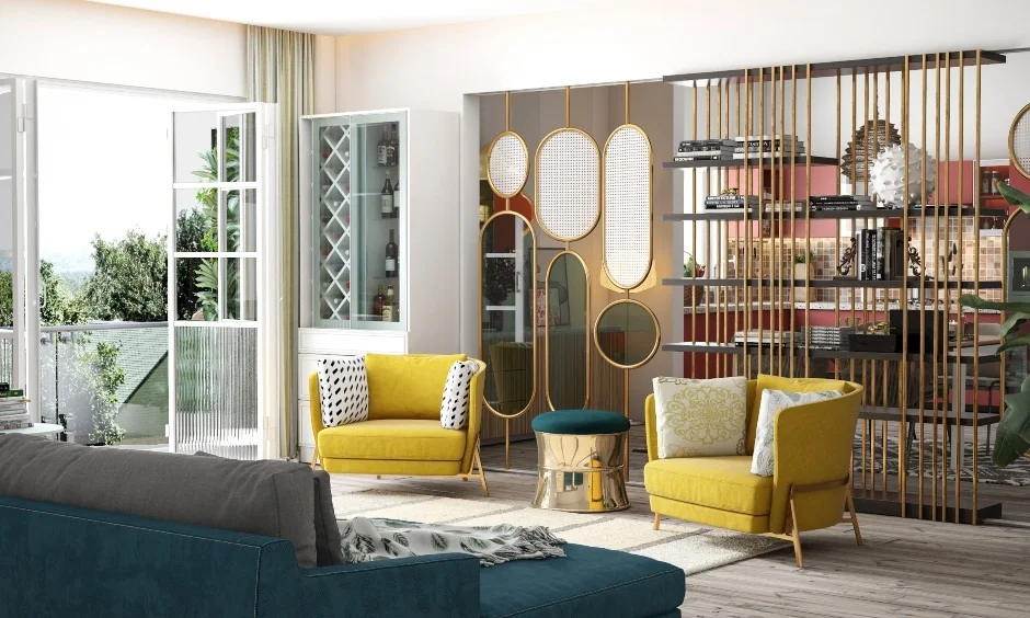A modern Indian living room features a wooden room divider with brass accents and contemporary seating.