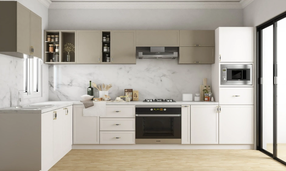 Compact L-shaped kitchen with white cabinets, a tiled backsplash and a clear central walkway. 